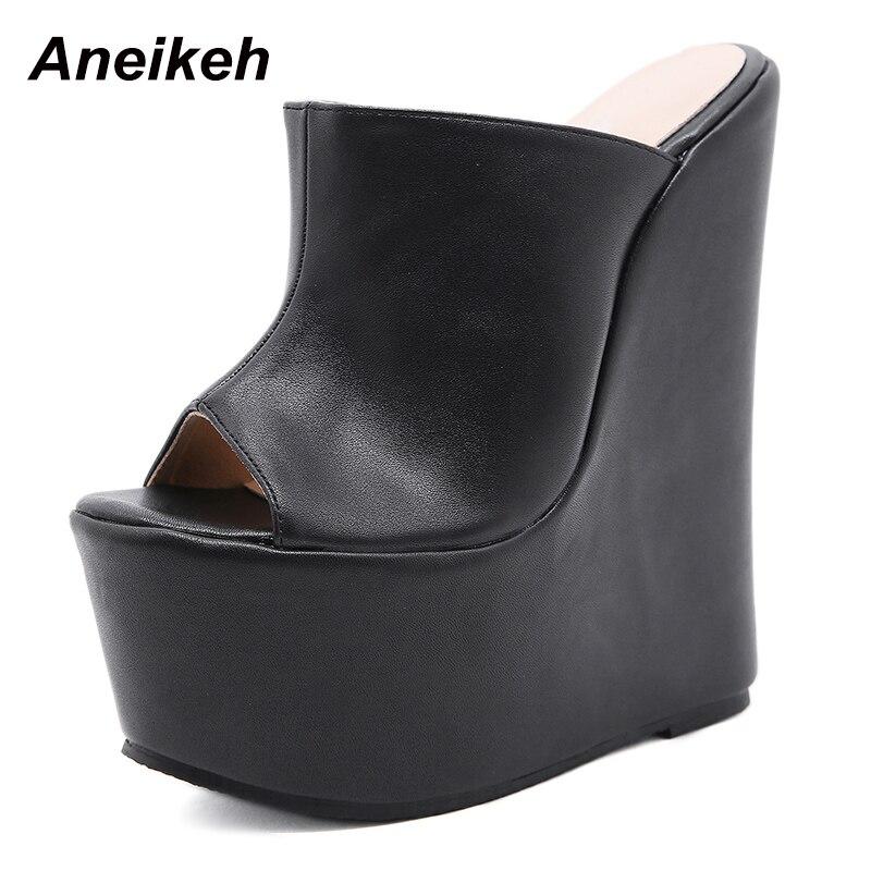 Aneikeh/летние модные женские шлепанцы, пикантные туфли на платформе из искусственной кожи на танкетке с открытым носком, римская обувь для вечеринок, сандалии-мулы, размер 35–42, элегантная новинка 2024 г.