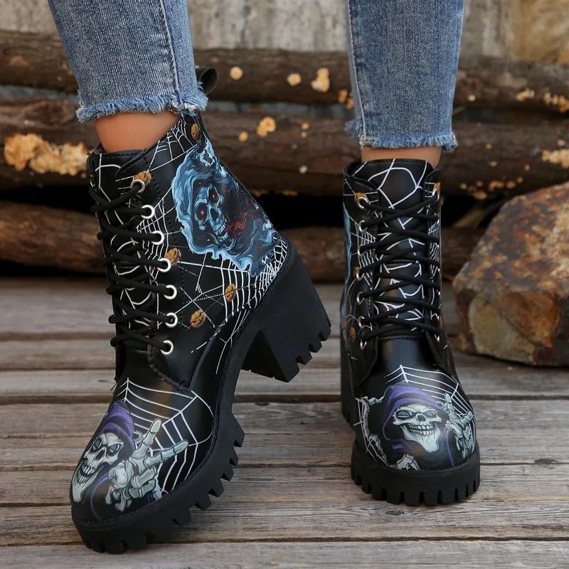 2024 High Quality Shoes Female Lace Up Women's Boots Autumn Round Toe Mixed Colors Short Barrel Chunky Heels Fashion Boots