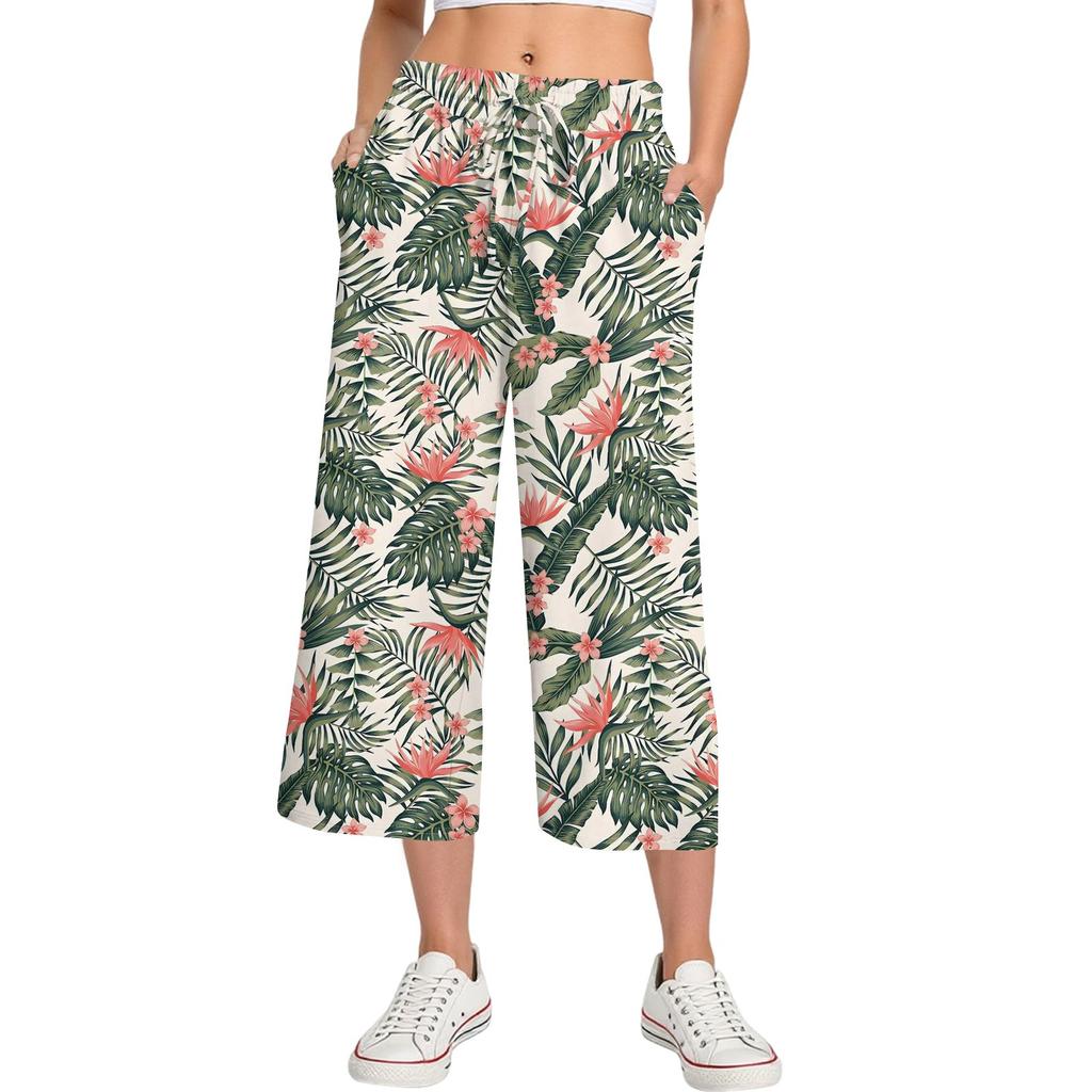 Женские летние повседневные спортивные брюки с высокой талией и принтом, укороченные брюки свободного покроя