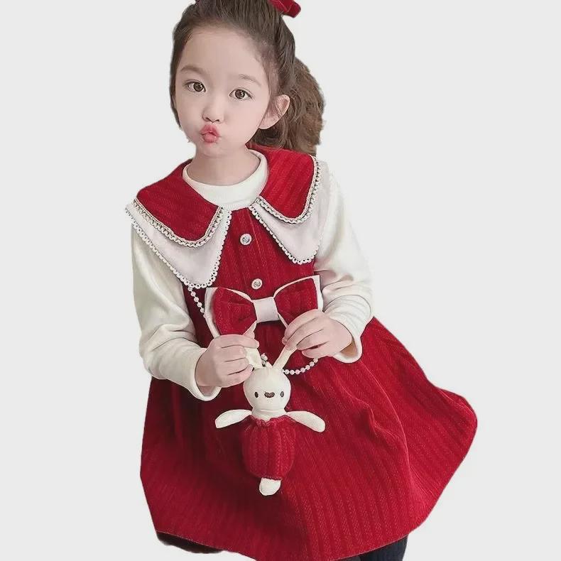 «Костюм для девочек в корейском стиле осень/зима 2024 г.: Удобная рубашка с длинным рукавом и юбка-жилет платье