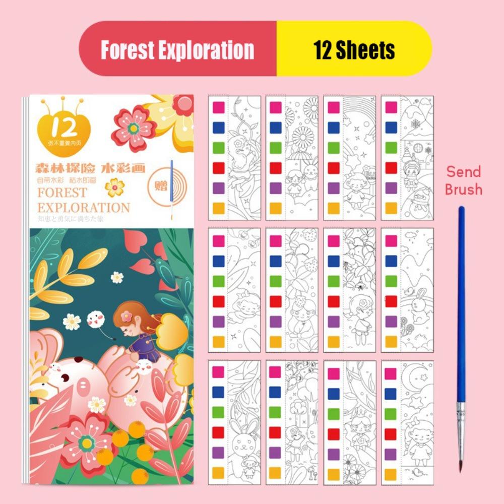 With Painting Brush Watercolor Coloring Book 12 Pages Mini Paint Pad Children