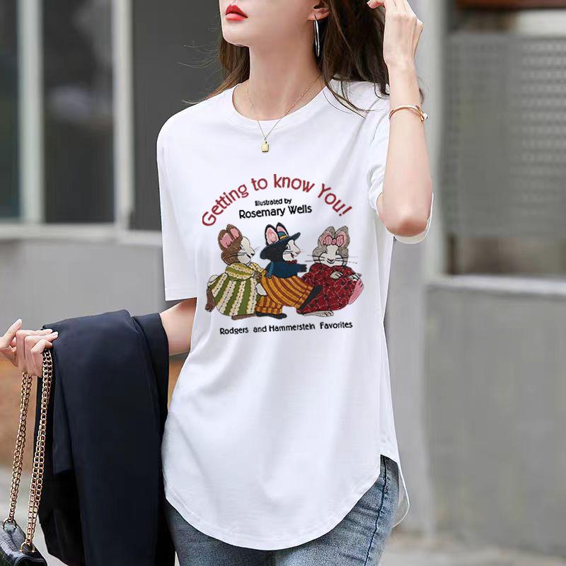 T-shirt Loose Top Black Cotton Round Neck Short Sleeve Women's Summer Curved Hem Split Fork Medium and Long Butt Cover