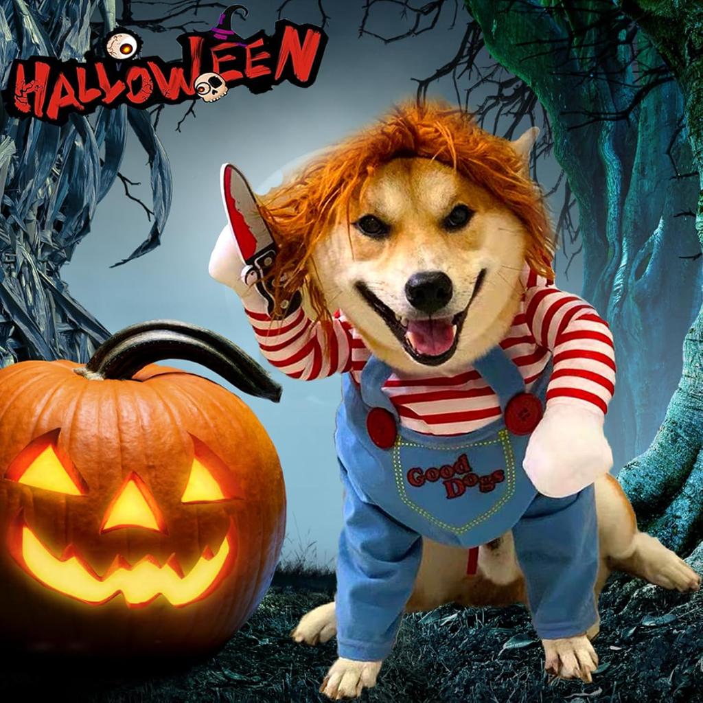 Disfraz de perro de muñeca mortal para mascotas, divertido disfraz de Halloween Chucky, lindo disfraz de fiesta, disfraz de cosplay para perros peque
