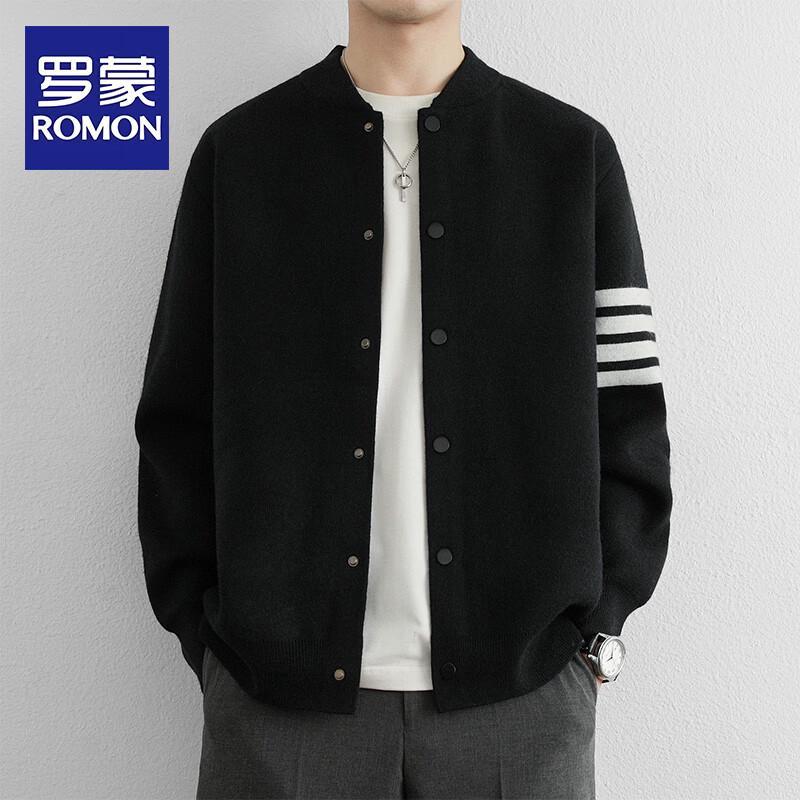 Romon Men's Striped Knitted Baseball Collar Cardigan Jacket