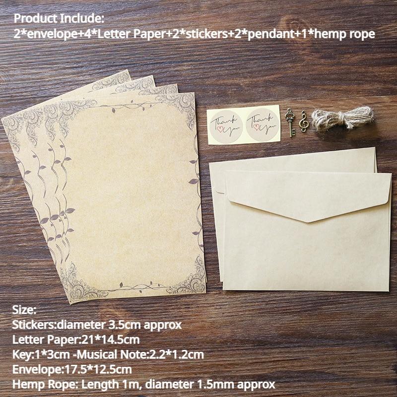 Retro Stationery Kraft Paper Letter Paper with Envelopes Stickers Hemp Rope Pendant Decorations Keys Musical Note Writing Paper