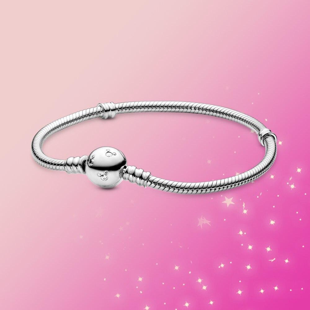 925 Sterling Silver Bracelet Moments Sparkling Moments Mouse Heart Clasp Snake Chain Bracelet Women for Jewelry GIFT