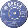 7-дюймовая пластинка BILLY FURY Last Night Was Made For Love 45F11458 DECCA 1962 UK Rock Б/у
