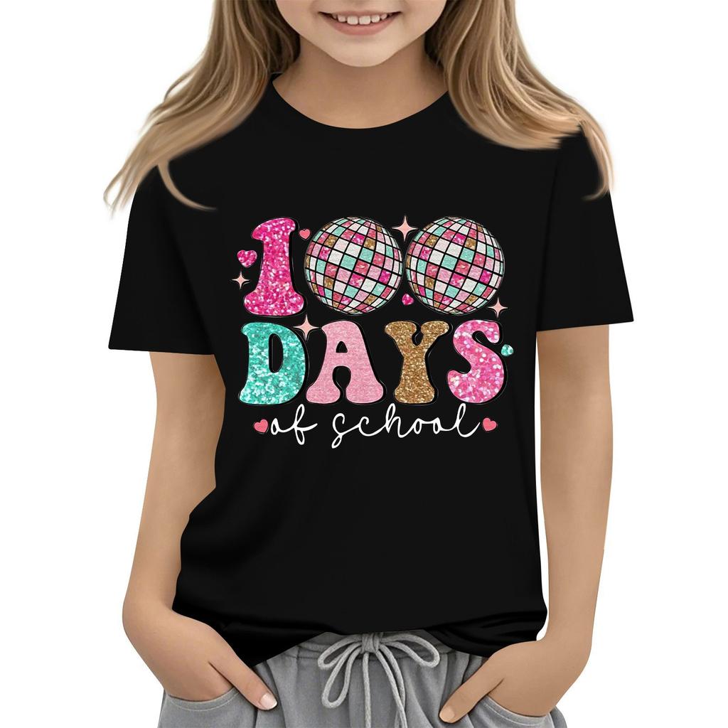 Happy 100th Day Of School Girls Boys Short Sleeve T Shirts Kids Tops Crewneck Tees