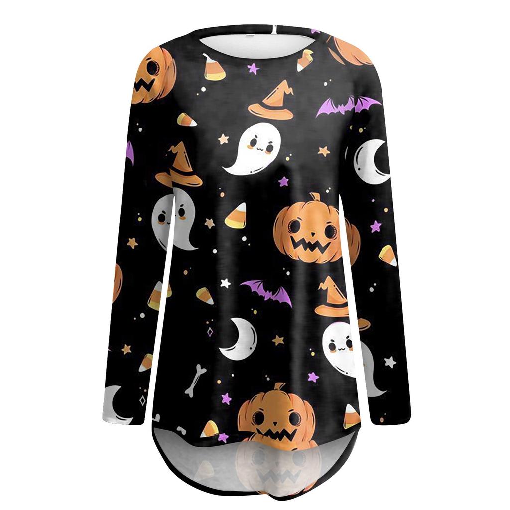 Women's Fashion Casual Long Sleeve Halloween Print Round Neck Pullover Top Blouse