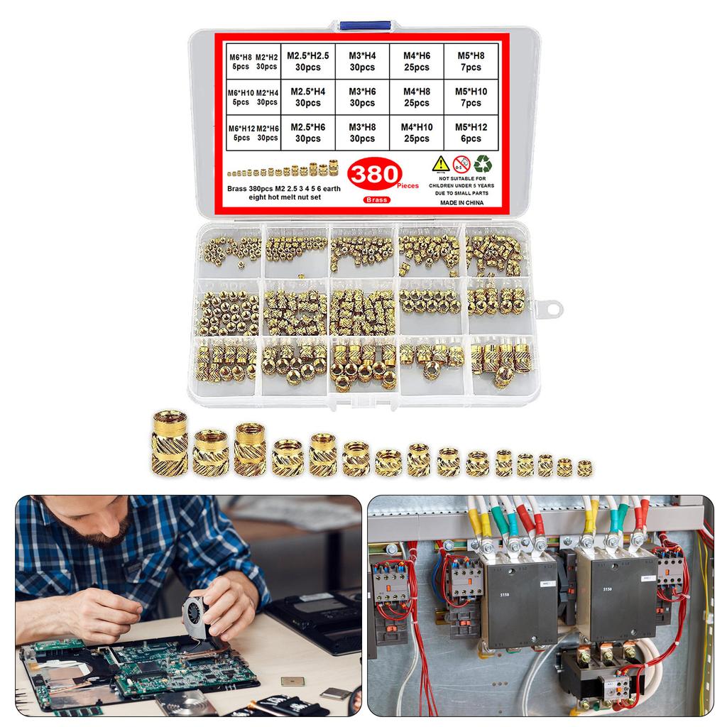 380 шт. Латунные накатанные гайки 2/2,5/3/4/5/6 мм Резьбовые вставки Метрические накатанные гайки Ассортиментные наборы для 3D-печати