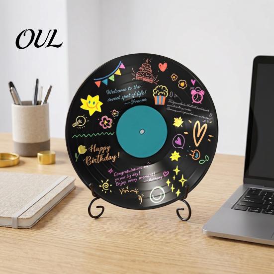 DIY Commemorative Ornaments Vinyl Record Graffiti Clock Ornament, Blank Acrylic Retro Tabletop Wall Creative Craft Projects Decor with Stand, Reusable