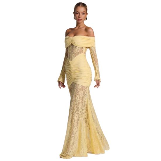 Женское платье макси с открытыми плечами и длинными рукавами, из прозрачной сетки с цветочным кружевом, с драпировкой, облегающее фигуру, сексуальное