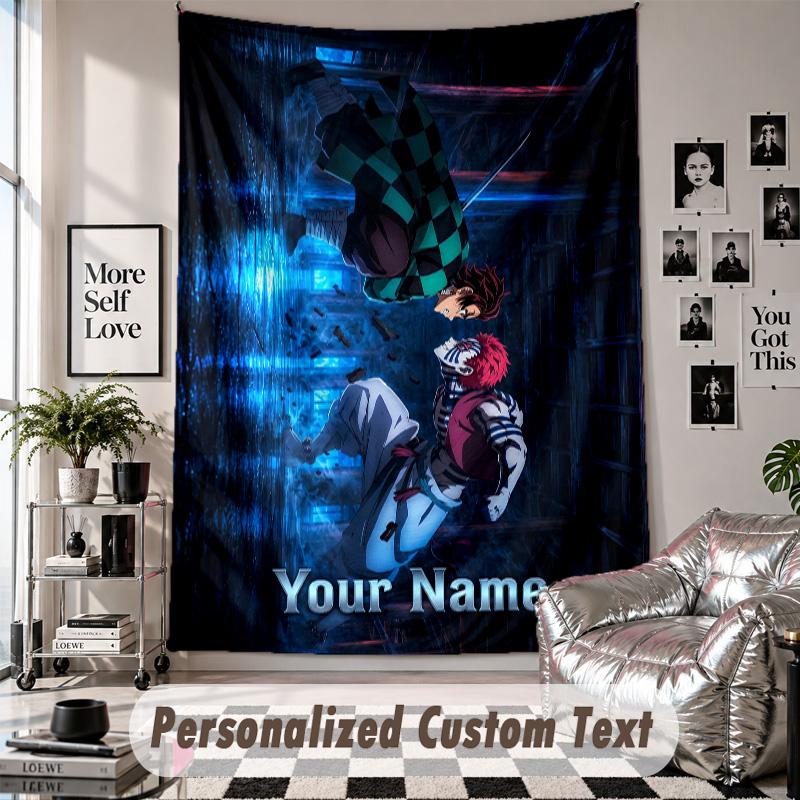 Wall Hanging Tapestry With Custom Name & Text, Demon Slayer Decorative Tapestry For Bedroom