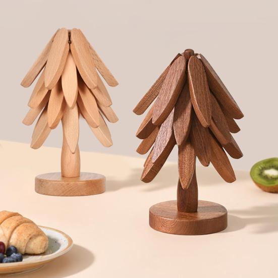 1 Set Christmas Tree Coaster with Base 4 Layers Tree Shape Wooden Trivet Anti-scald Heat