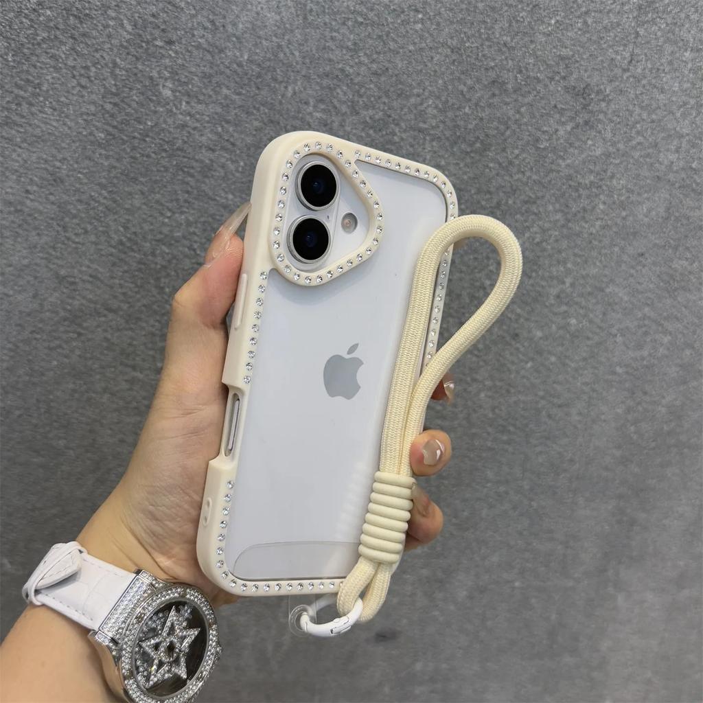 Прозрачный чехол для телефона со стразами и блестками для iPhone 16 16E 15 14 13 12 11 Pro Max 16Plus 16Pro С ремешком-шнурком
