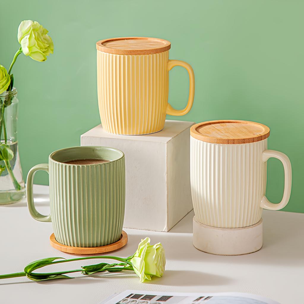 Ceramic Mugs Coffee Cups with Bamboo Lid Milk Tea Cup with Handle Ins Korean Style Oatmeal Breakfast Mug Drinkware Cup Water Cup