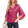 Women's Spring and Autumn Fashion Sequin Hipped Trumpet Sleeve V-neck Slim Party Pullover Top