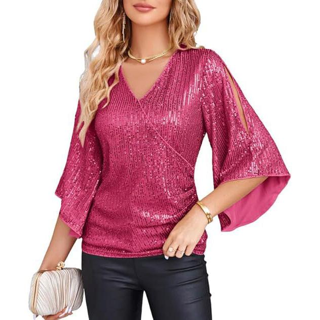 Women's Spring and Autumn Fashion Sequin Hipped Trumpet Sleeve V-neck Slim Party Pullover Top