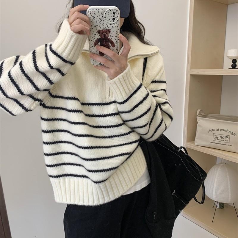 Women's Fashion Casual Fall Winter Stripe Print Long Sleeve POLO Neck Sweaters