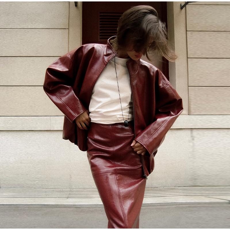 Женская зеленая кожаная куртка со стойкой воротником, модная, на молнии, длинная, свободного кроя, верхняя одежда, шикарная, 2025, новая осенняя мода, уличный стиль, женская одежда