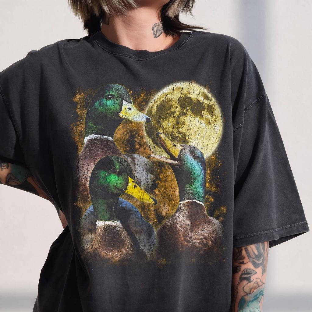 Mallard Ducks Full Moon Graphic Tee, Vintage Wildlife T-Shirt, Nature Lover Apparel