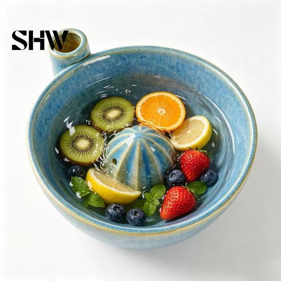 Stylish Kitchen Counter Accessories Berry Swirl Draining Bowl with Silicone Pad, Ceramic Retro Kiln Manual Lemon Juicer Tool Fired Colander,