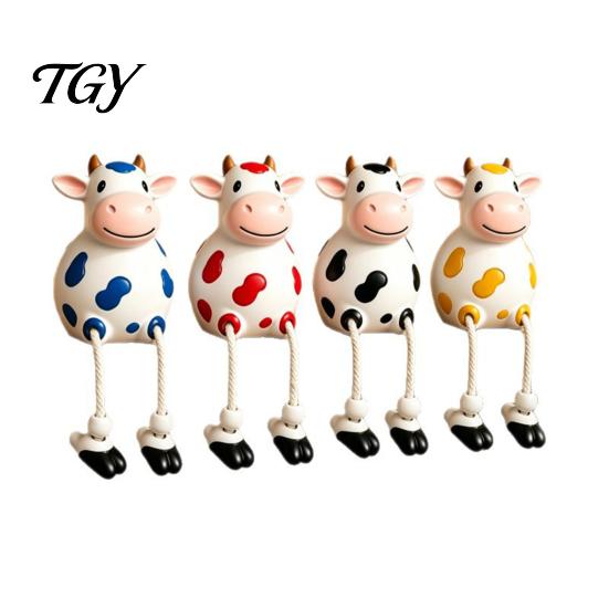 Cow Figurine Resin Statue, Cute Shelf Sitter with Dangling Rope Legs, Garden Decor for Patio Cartoon Farmhouse Animal Ornament Fence Railing, Planter,