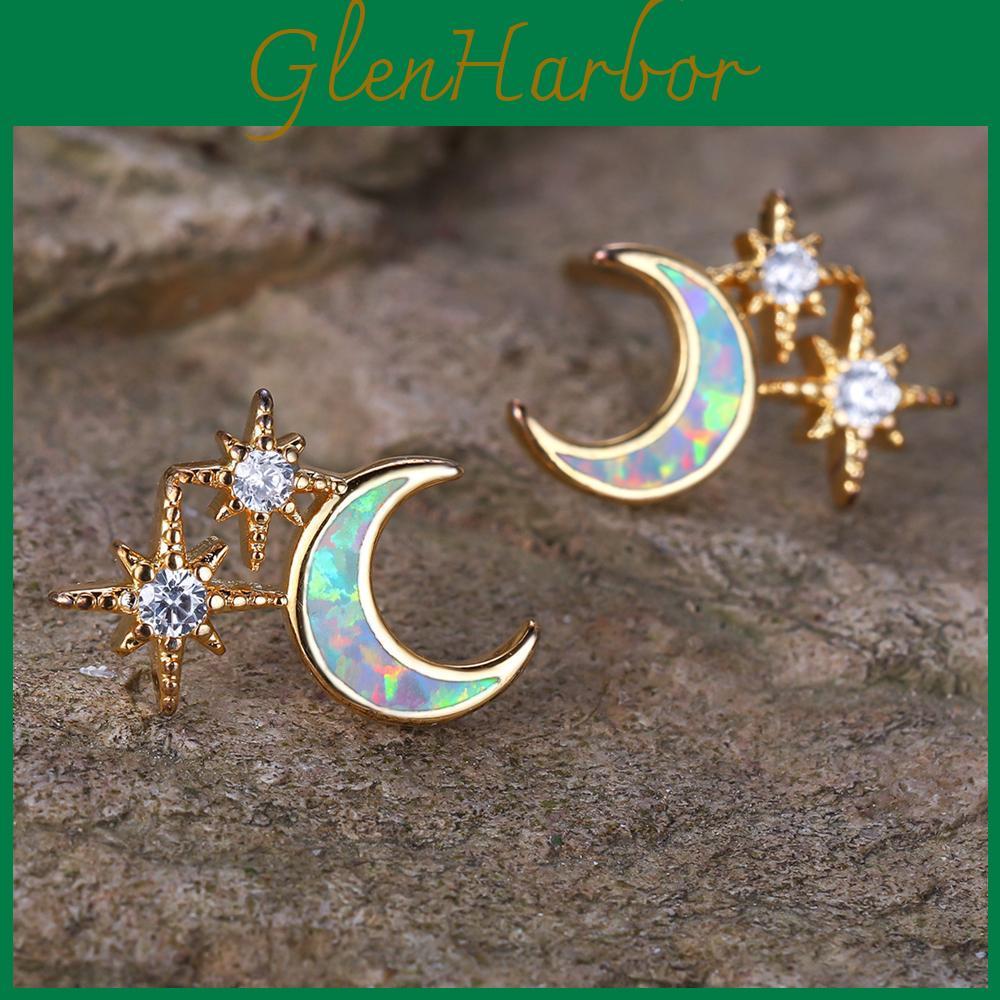 Moon Gold Color Opal Star Stud Earring Delicate Cubic Zirconia Minimalist Earrings For Women Jewelry