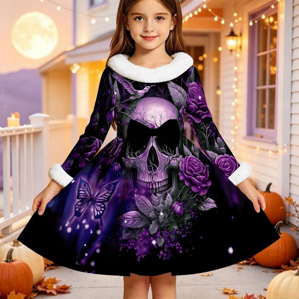 Kids Long Sleeve Christmas Dress, Ghost Skeleton Print Faux Fur Collar Bow Decor Princess Dresses for Girl Holiday Party Wear