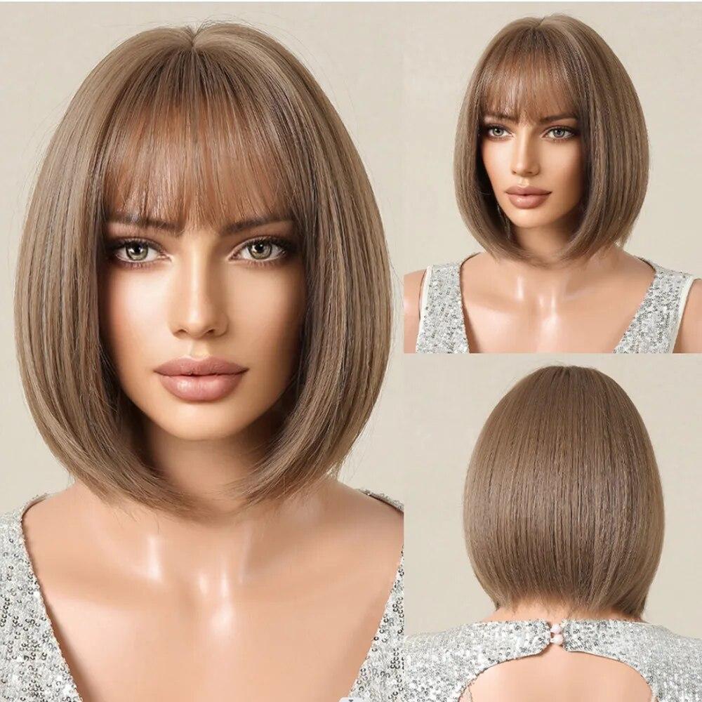 ALAN EATON Коричневые парики Боб с челкой, короткий прямой парик, натуральные волосы смешанного цвета для женщин, синтетический парик для повседневной вечеринки