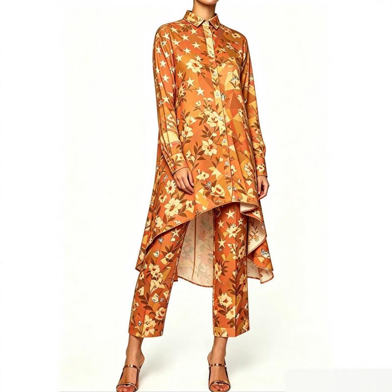 Summer new sunset seascape floral print irregular lapel long-sleeved shirt nine-point pants women's casual suit