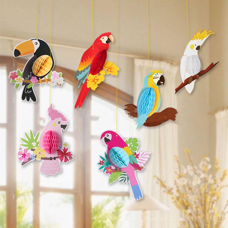 6 шт., попугай, сотовый шар, украшение для гавайской вечеринки, цветные подвески с птицами, дети, счастливое лето, тропический алоха, декор для гавайской вечеринки