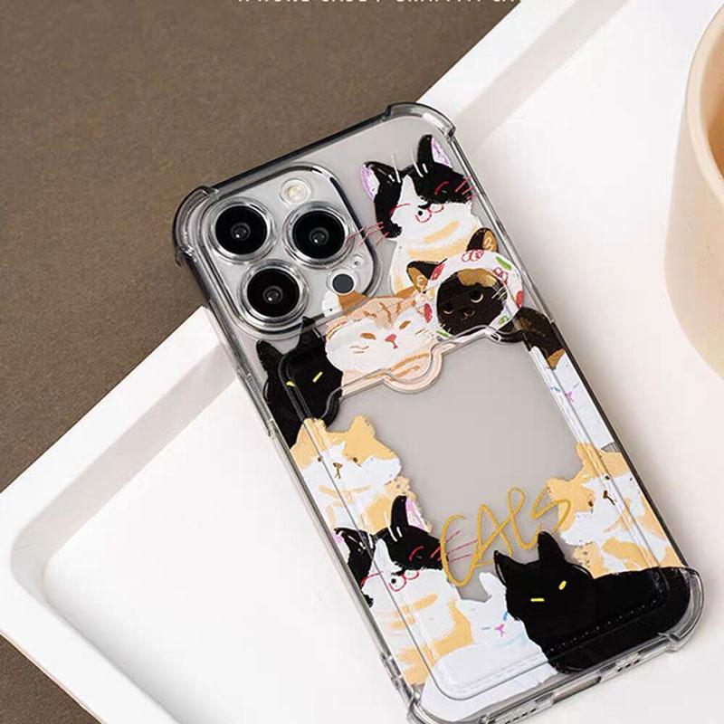 Милый чехол-кошелек с рисунком кошек для iPhone 16 15 14 13 12 11 Pro Max XR XS 7 8 Plus, противоударный, с прозрачной задней крышкой