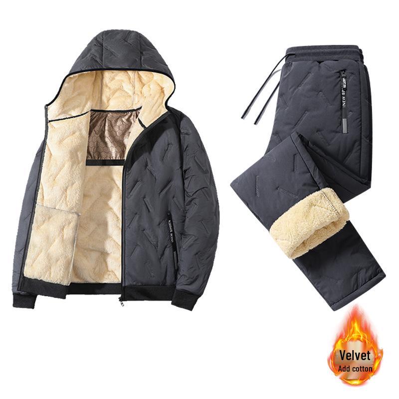 Мужской зимний комплект: куртка с капюшоном из овечьей шерсти и хлопковые брюки - с подкладкой из искусственного меха, утепленный, большого размера.