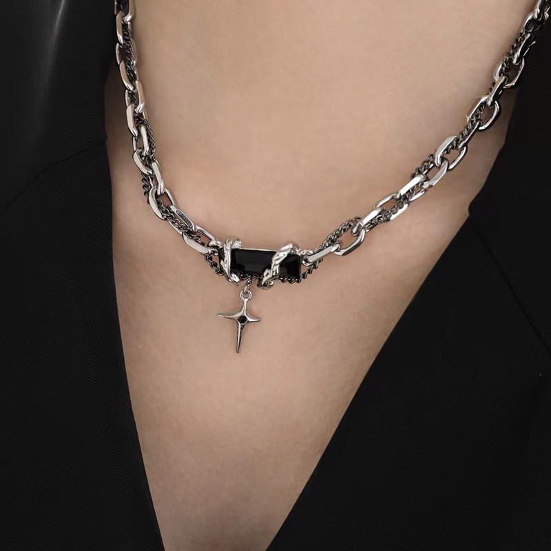 iF ME Wrapped Obsidian Cross Necklace Y2K Silver Clavicle Chain Choker for Women Jewelry Accessories
