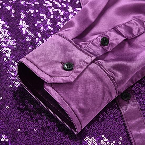 Мужская рубашка для выступлений с блестящими пайетками и отложным воротником, однобортная атласная рубашка с длинными рукавами и пуговицами для клубных вечеринок и сценических шоу