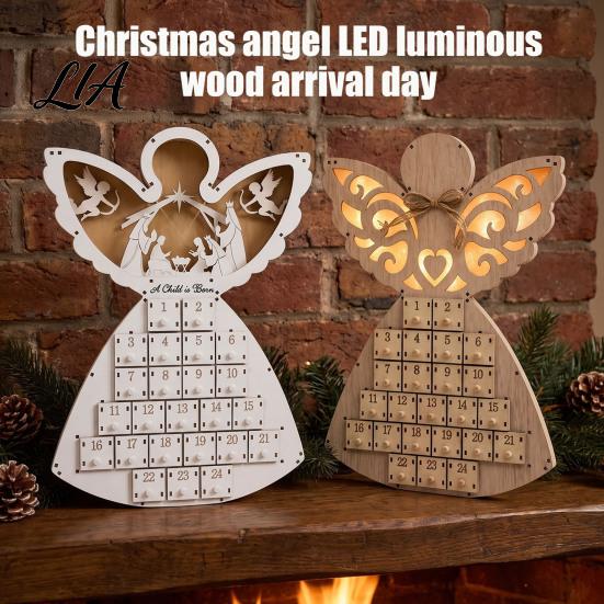 Holiday Home Decoration Wooden Angel Christmas Advent Calendar with 24 Storage Drawers, Countdown Decorative Statue to Tabletop for Winter Party