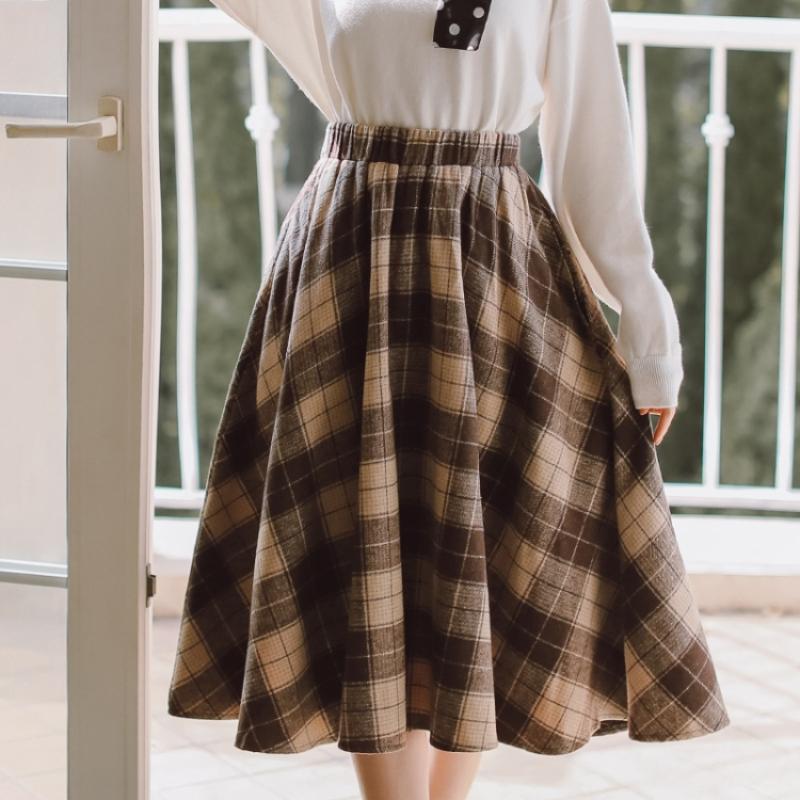 Mori Girl, осенне-зимняя женская элегантная юбка с высокой талией, винтажная клетчатая теплая шерстяная юбка, шерстяные шикарные розовые, синие, цвета хаки, женские юбки