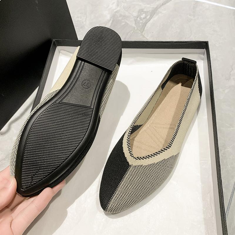 Женские балетки 2024 Весна и Осень Новые Остроносые Вязаные Женские Туфли Модные Дышащие Нескользящие Красивые Цветовые Сочетания