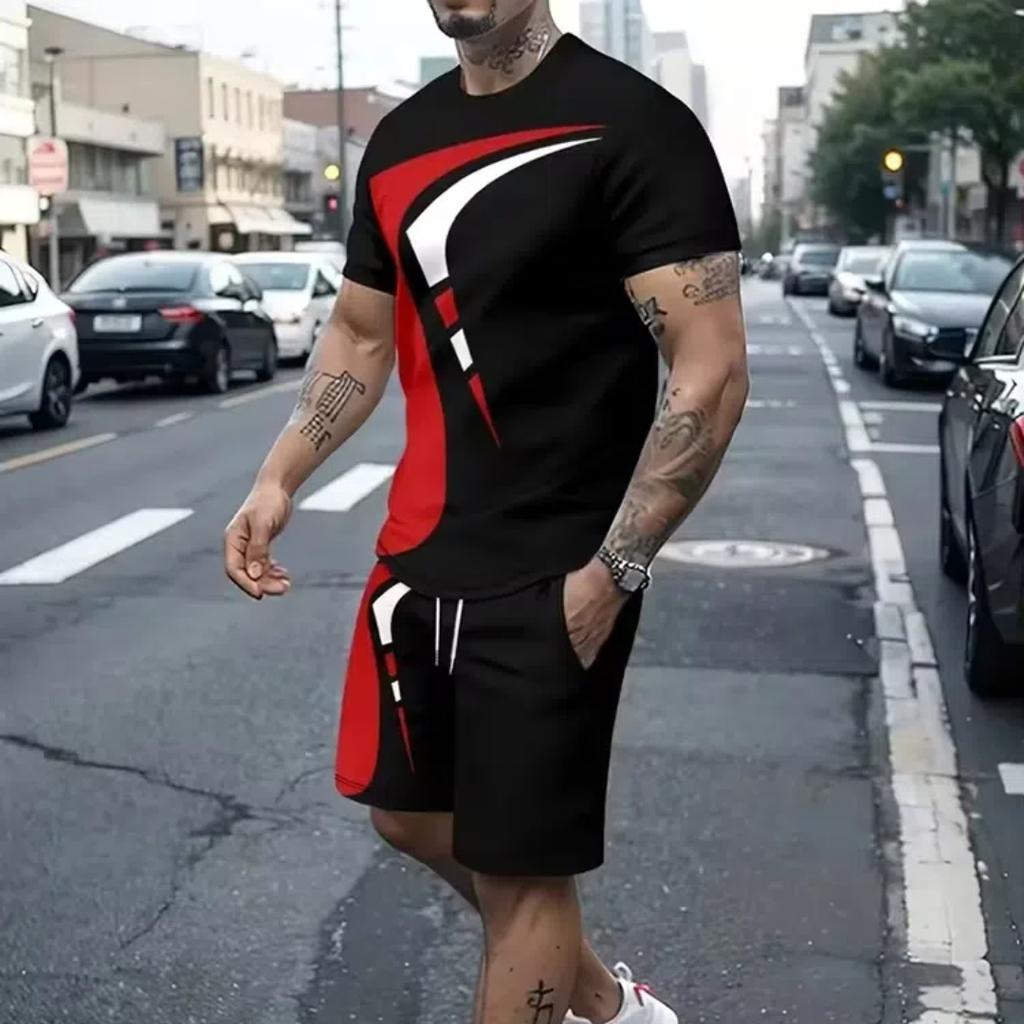 Летний уличный мужской костюм с короткими рукавами, повседневный, повседневный, модный, с короткими рукавами, для активного отдыха, спортивные шорты, новаторский полосатый принт