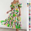 2024 Summer European & American One-Shoulder Puff Sleeve High Waist Printed Dress