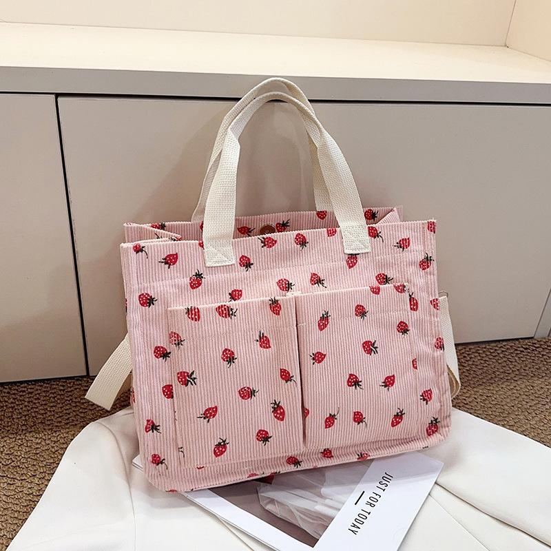 Sweet Strawberry Print Corduroy Shoulder Bags for Women Large Capacity Ladies Multi-Pocket Crossbody Bag Bow Handbags Tote
