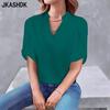 Женские модные повседневные летние весенние однотонные блузки и рубашки с v-образным вырезом и короткими рукавами с принтом