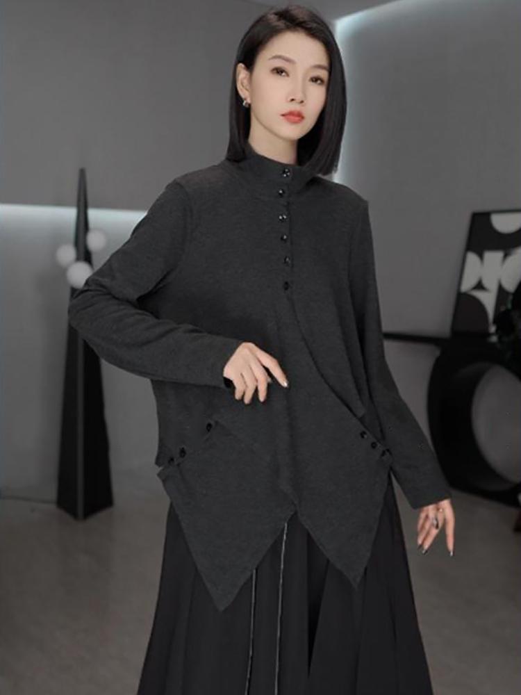 Xitao Повседневный однотонный женский топ с длинным рукавом и воротником-стойкой, нестандартная модная осенняя футболка GJ1123