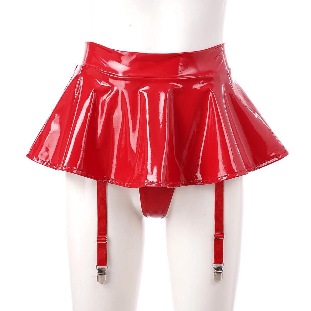 Womens Wet Look Patent Leather Ruffle Skirt Built-in Thongs Garter Belts Metal Clips Miniskirt Party Clubwear