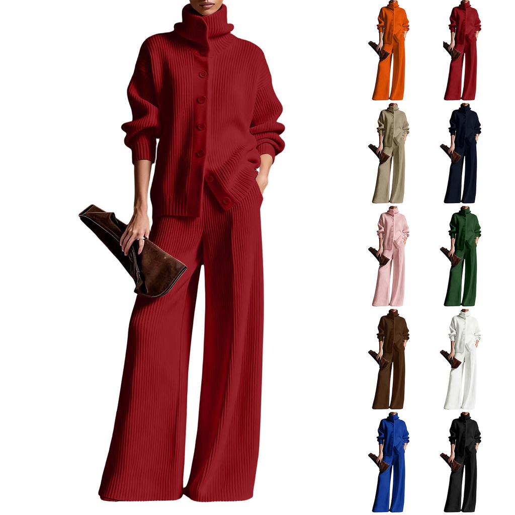 Женский кардиган с высоким воротником, топ с длинными рукавами и брюки с широкими штанинами, вязаный комплект из двух частей