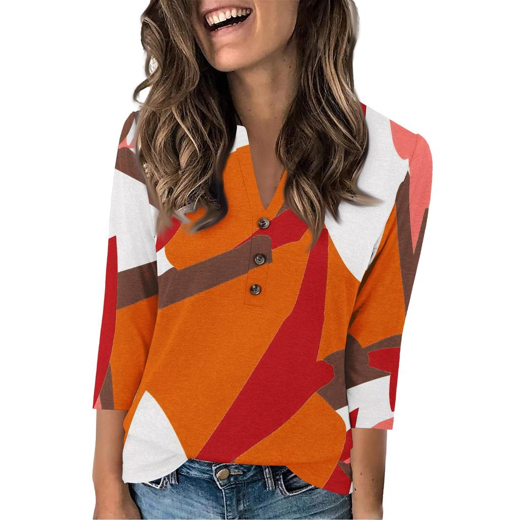 Women's Fashion Casual Loose 3/4 Sleeve Printed Round Neck Top