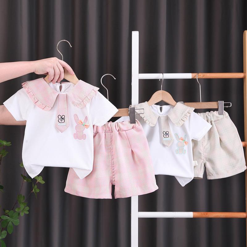 Cute Girls Summer Two Piece Set With Lace Rabbit Bow Tie Short Sleeve Top And Shorts Fashionable Toddler Outfit