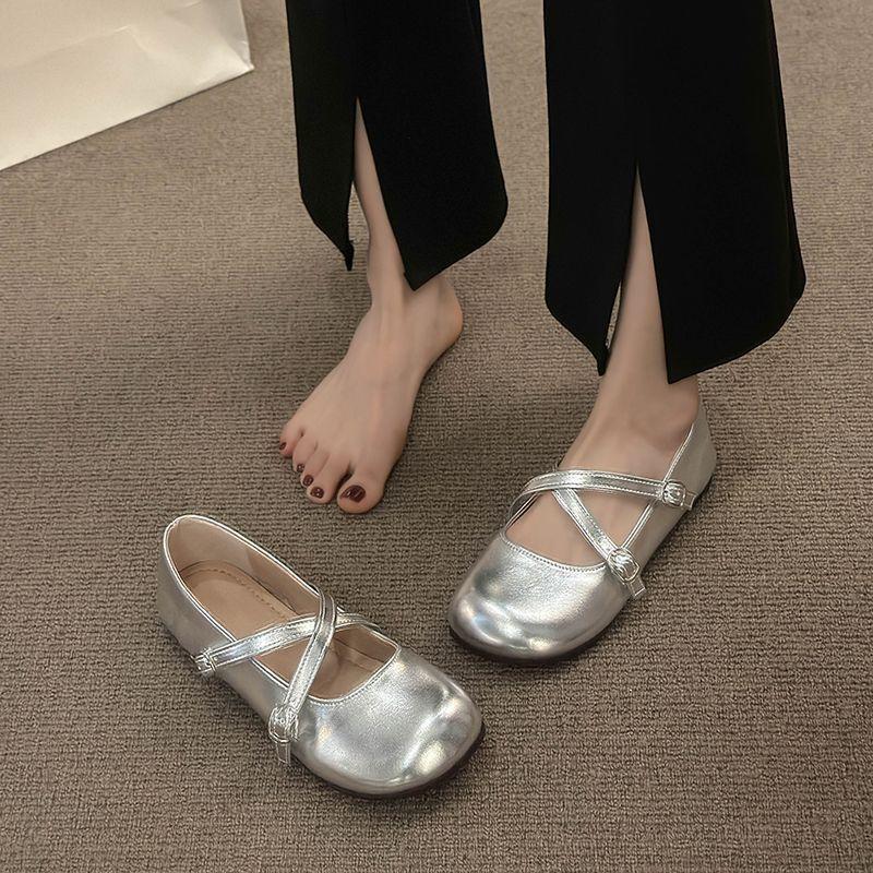 Crossed Silver Single Shoes Women's Flat-soled Soft-soled Light-mouth Round Head Mary Jane Gentle Wind Evening Shoes Fairy Beanie Shoes