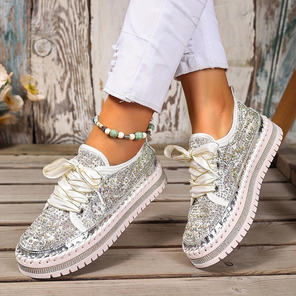 Size 35-44 Fashionable, Versatile, Elegant, Comfortable Lace-Up Chunky Sole Sequined Studded Sneakers